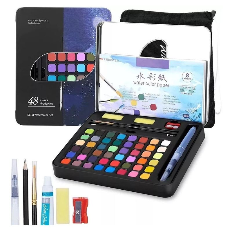 GENERICO - Juego de Acuarelas Profesionales 48 Colores Portátil