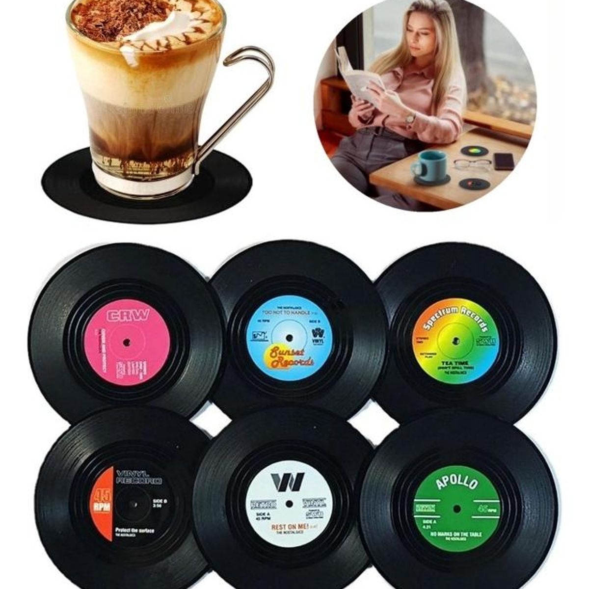 GENERICO - Juego de 6 Posavasos de Vinilo Retro para Bebidas