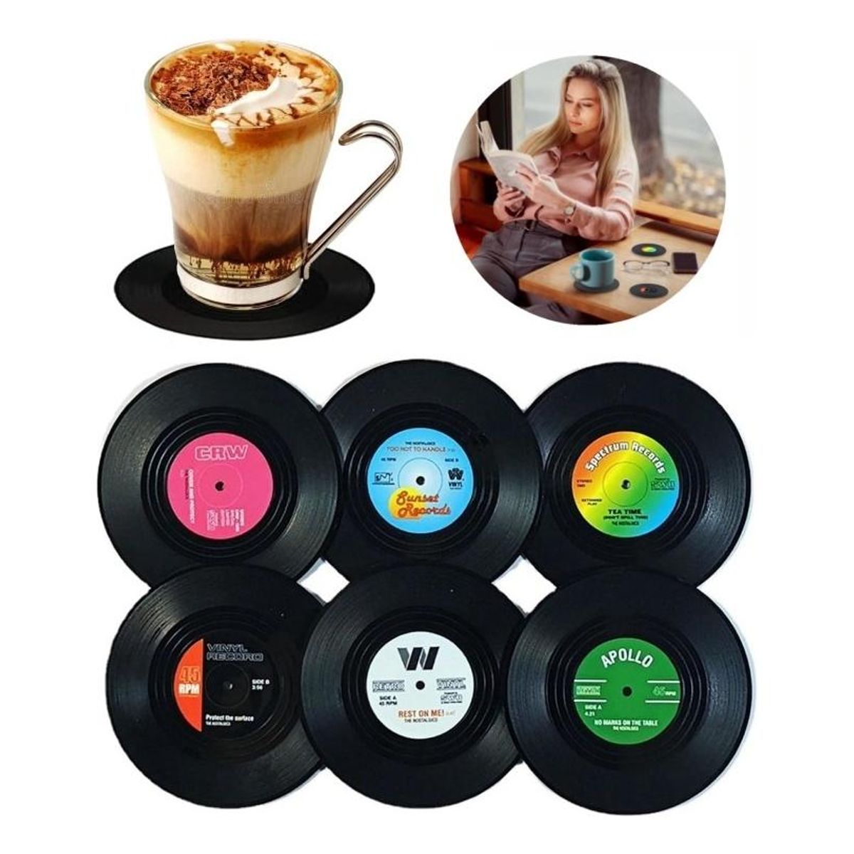 GENERICO - Juego de 6 Posavasos de Vinilo Retro para Bebidas