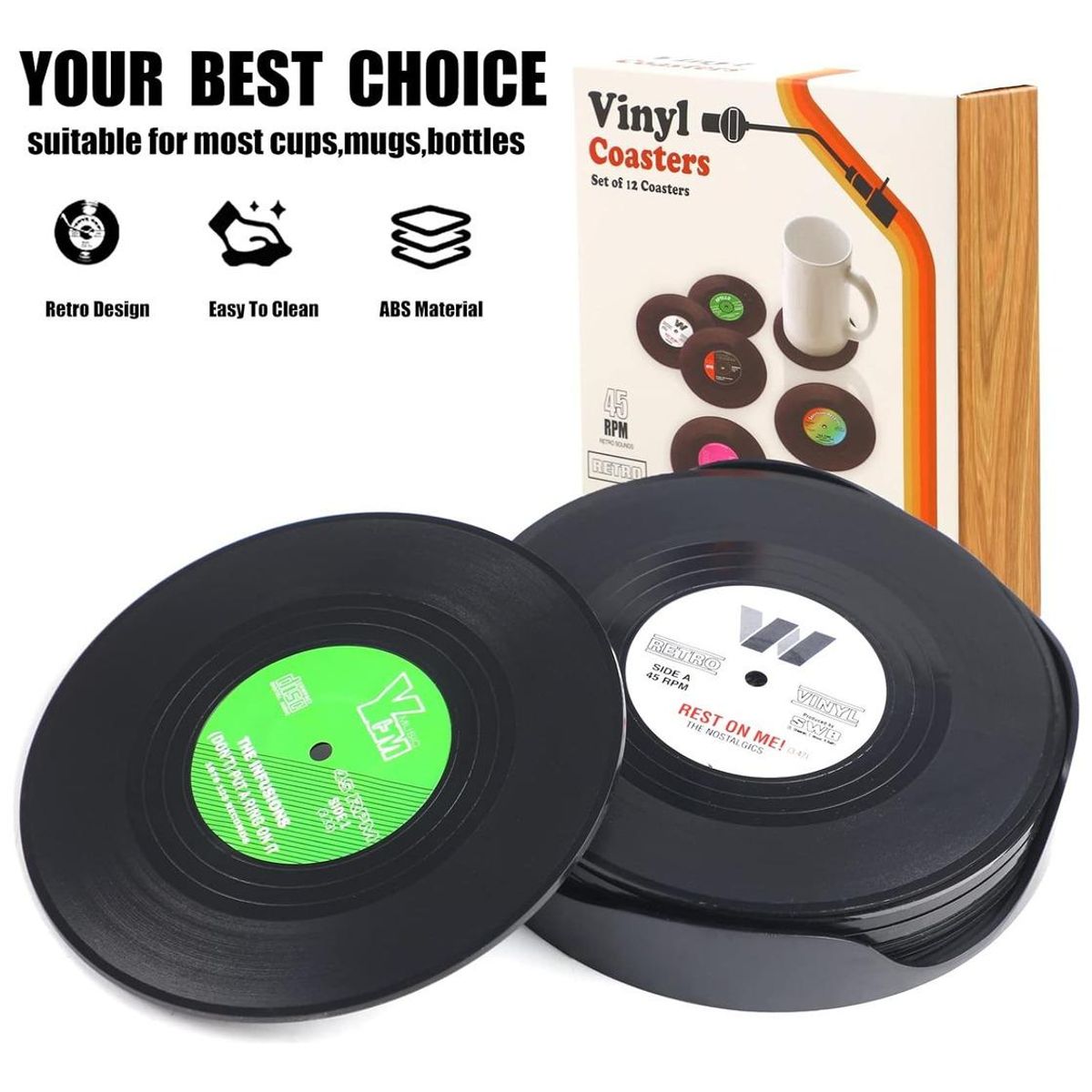 GENERICO - Juego de 6 Posavasos de Vinilo Retro para Bebidas