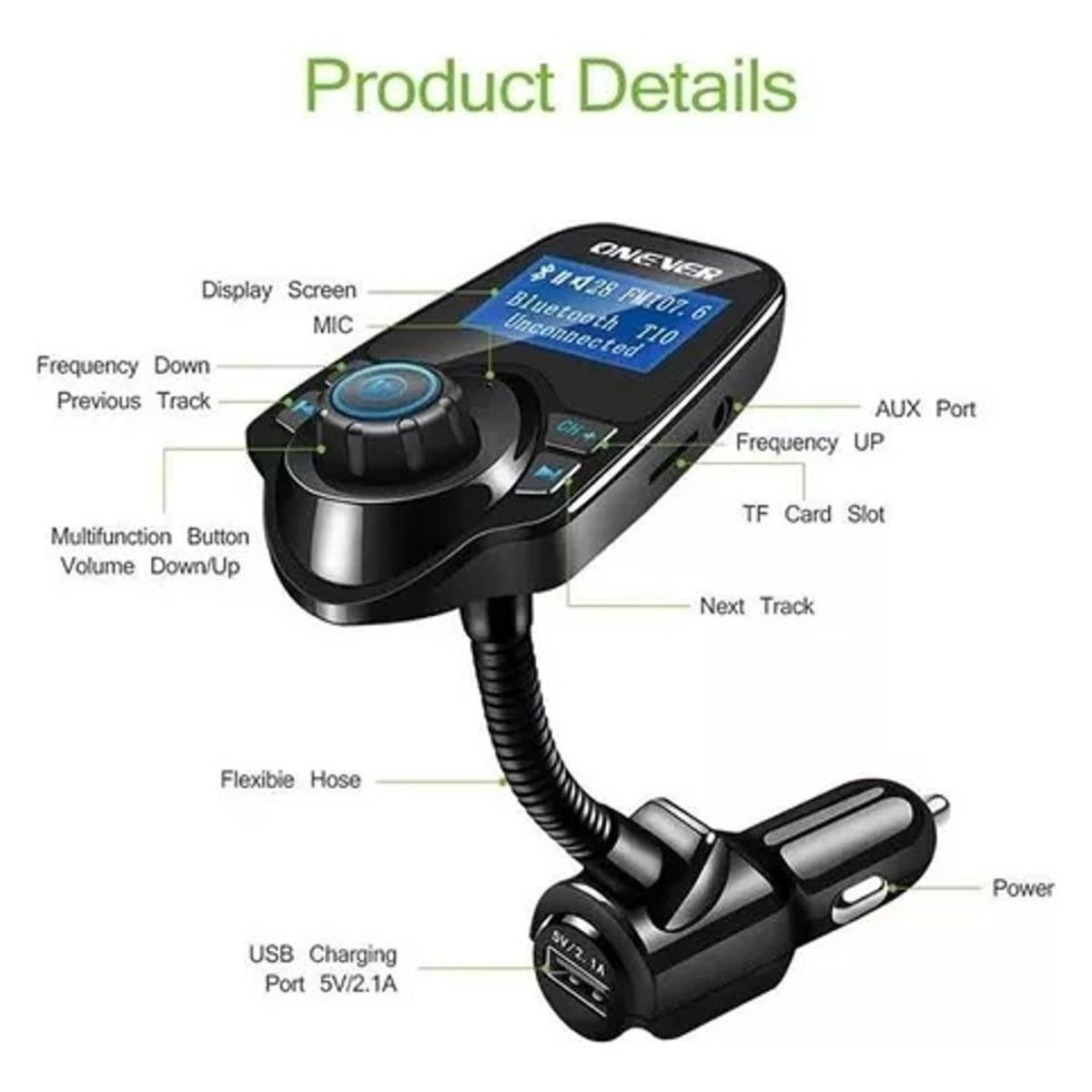 GENERICO - Transmisor FM Bluetooth con Cargador USB para Auto