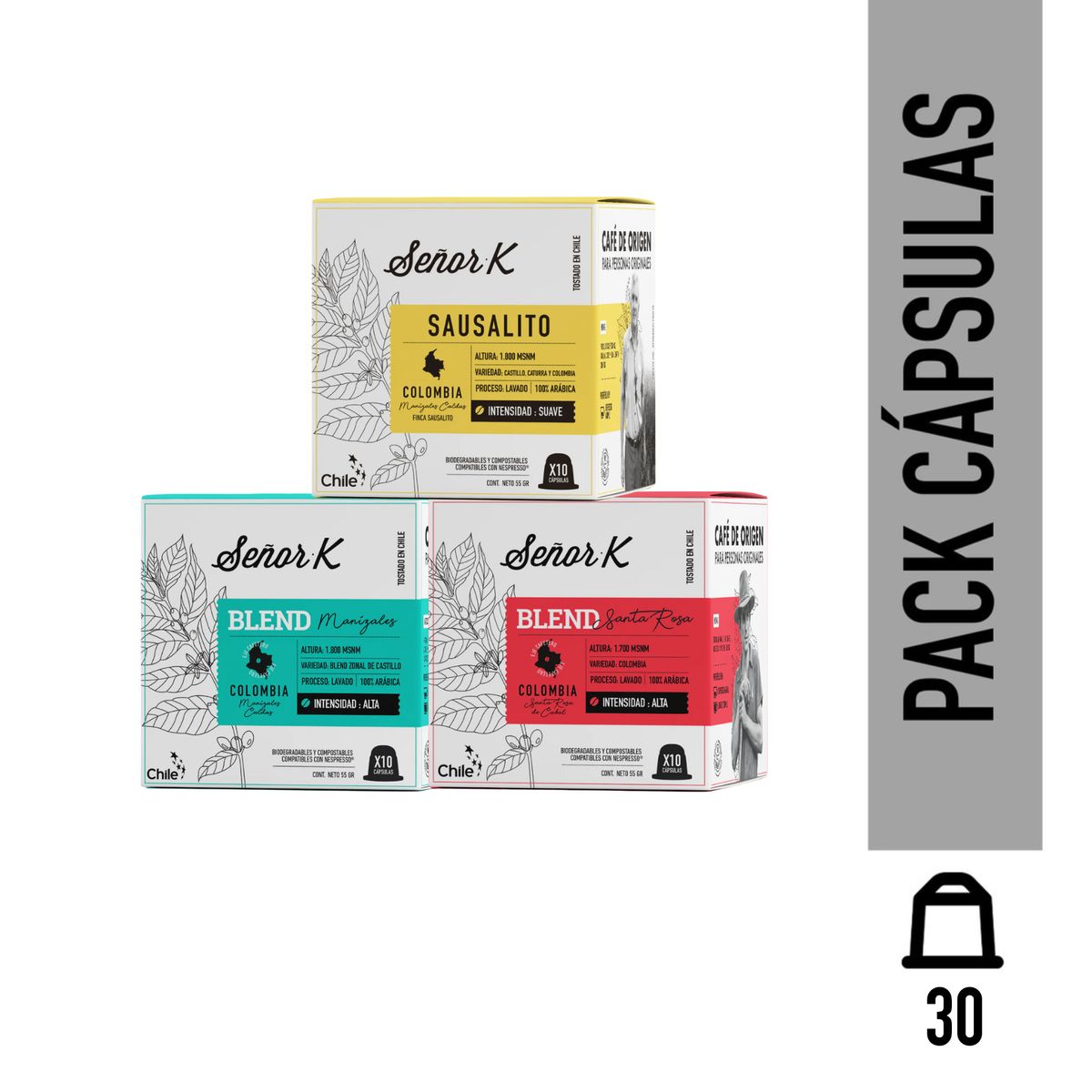 SEÑOR K - Pack 30 Cápsulas Café Espresso Colombia Café Señor K