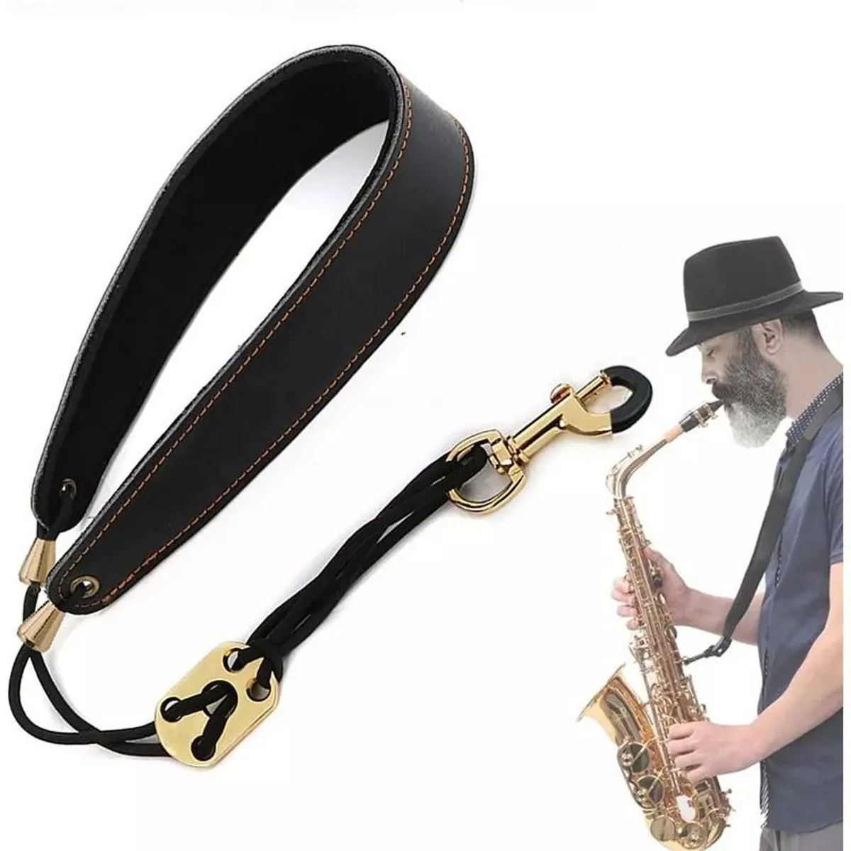 GENERICO - Correa Ajustable de Cuero para Saxofón Alto y Tenor
