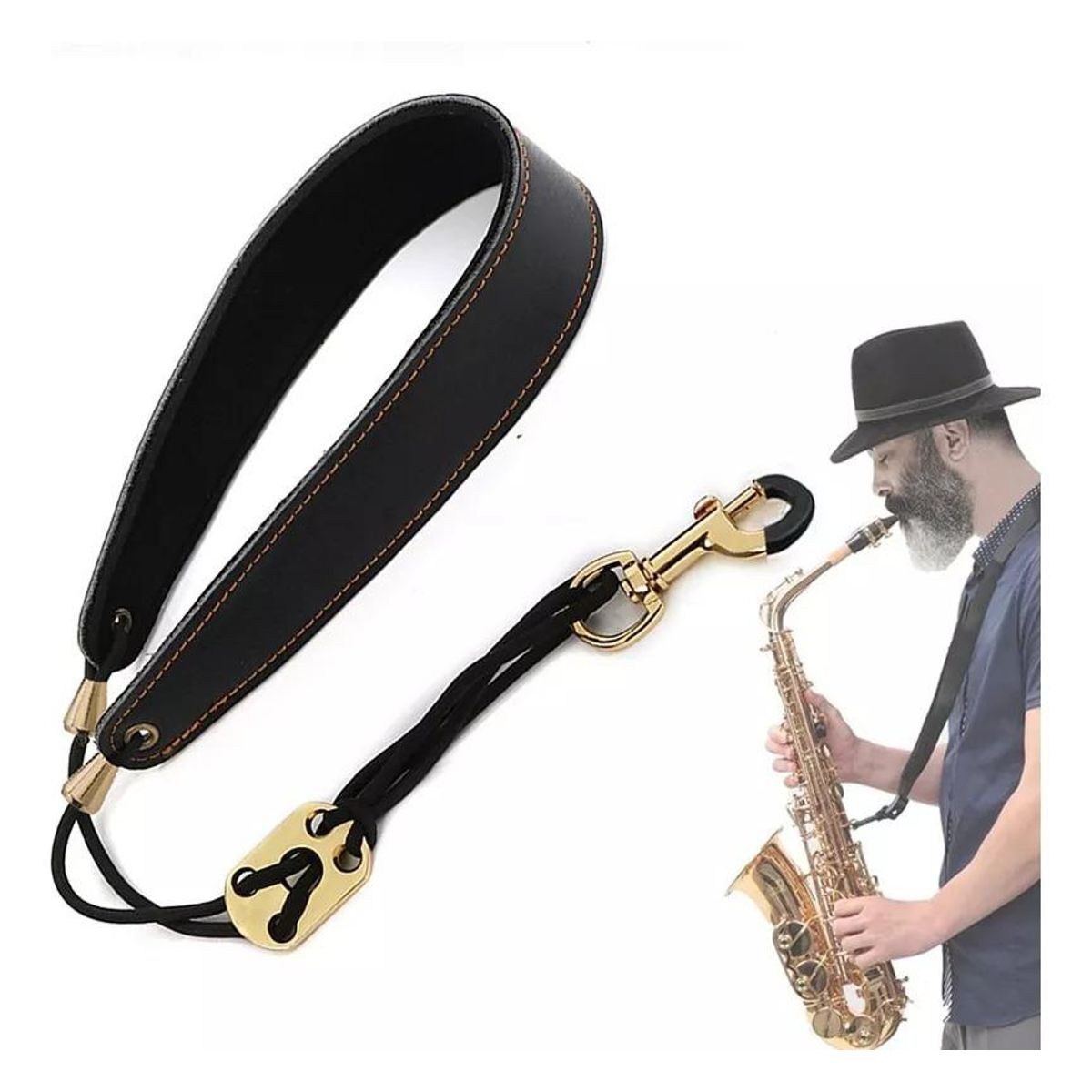 GENERICO - Correa Ajustable de Cuero para Saxofón Alto y Tenor