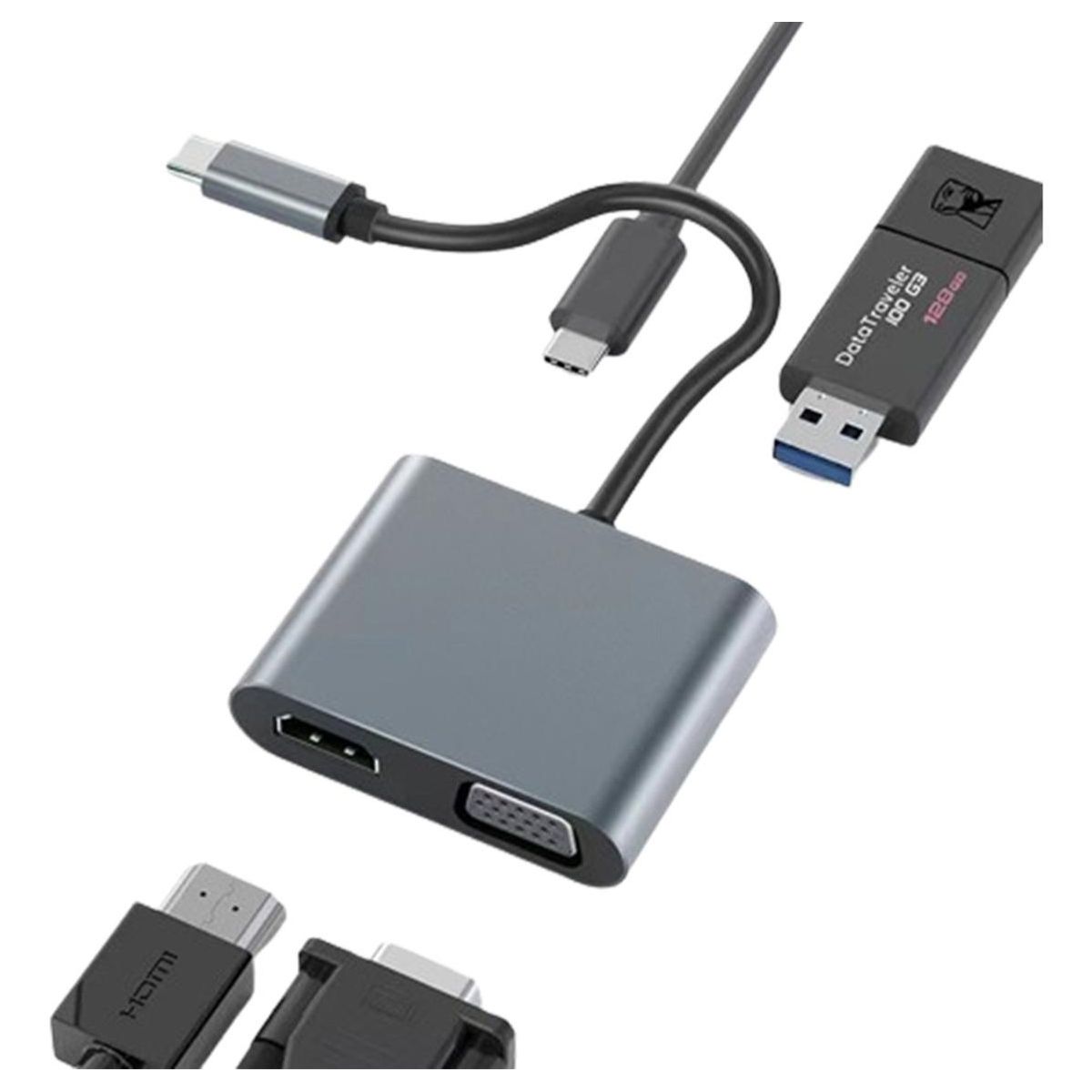 GENERICO - Adaptador USB-C Hub 4 En 1 con HDMI 4K y VGA