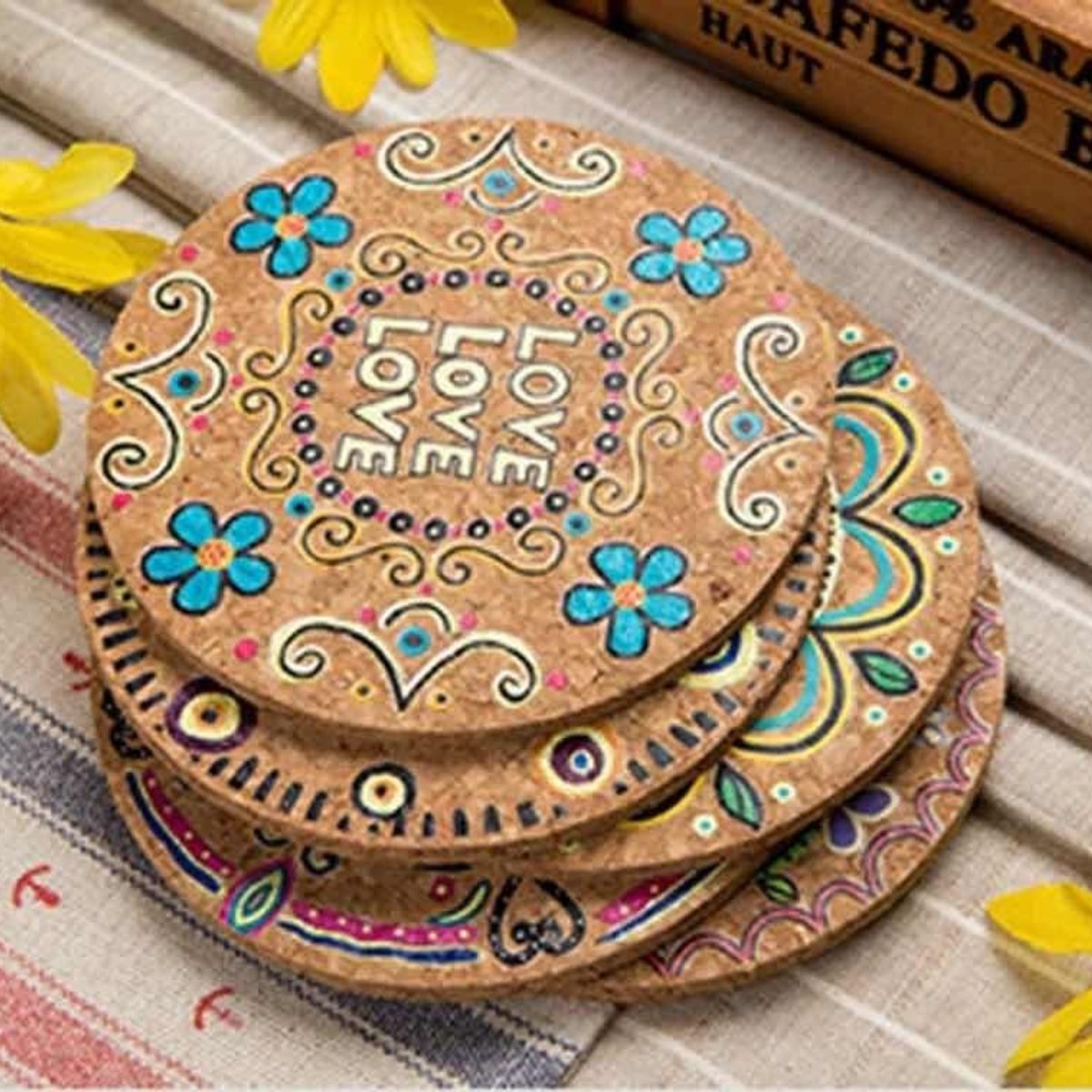 GENERICO - Posavasos de Corcho Estilo Hippie - 4 Unidades Decorativas
