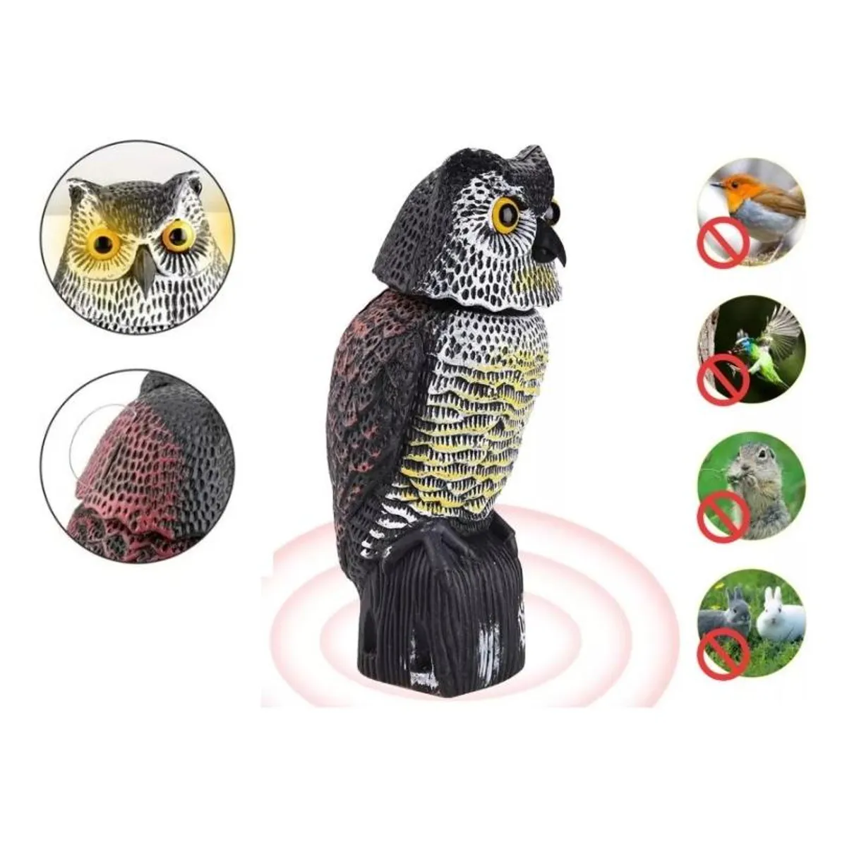 GENERICO - Búho Espanta Pájaros con Sonido y Cabeza Giratoria para Jardín