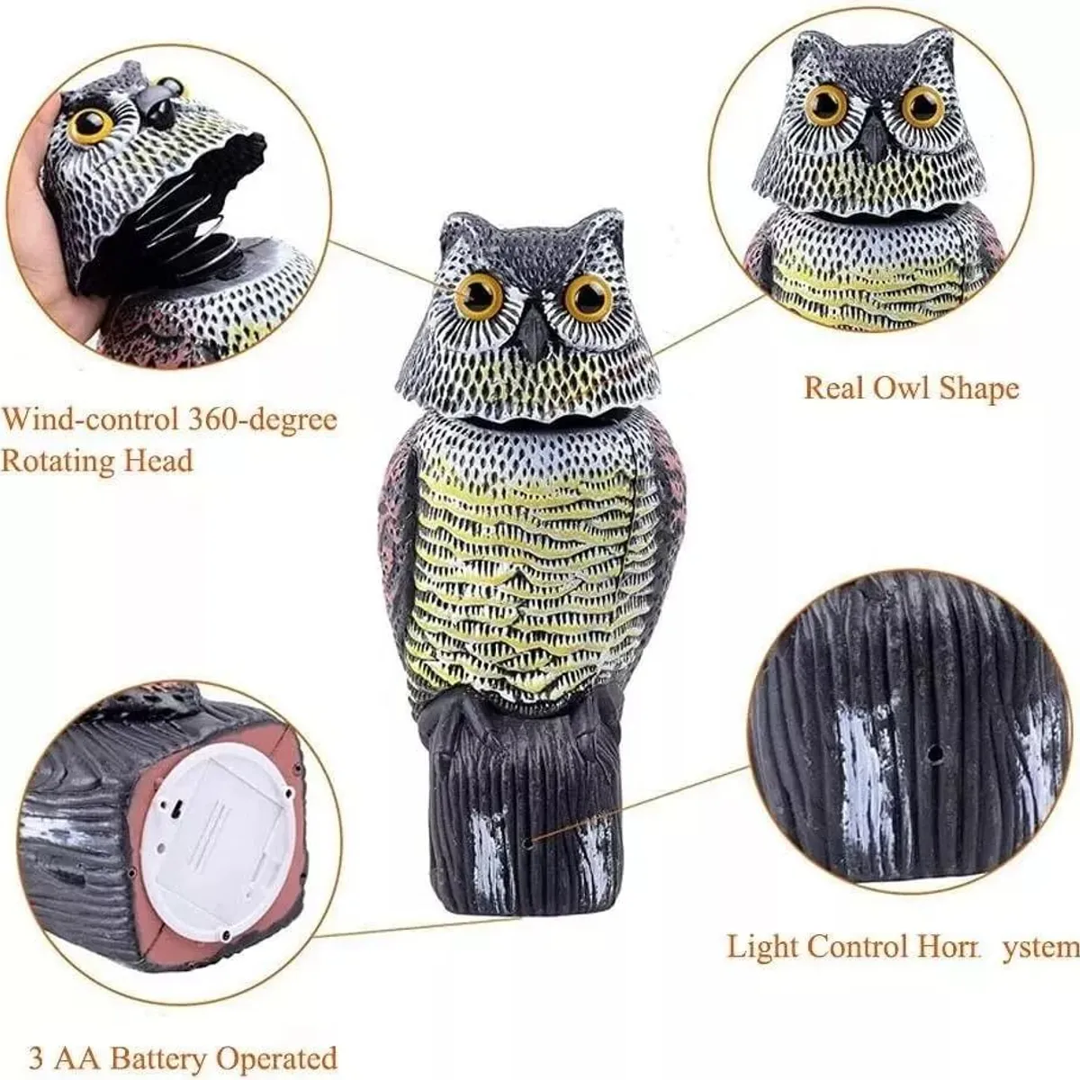 GENERICO - Búho Espanta Pájaros con Sonido y Cabeza Giratoria para Jardín