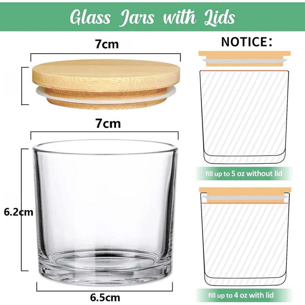 GENERICO - Set de 12 Frascos de Vidrio para Velas con Tapa de Bambú - 118ml