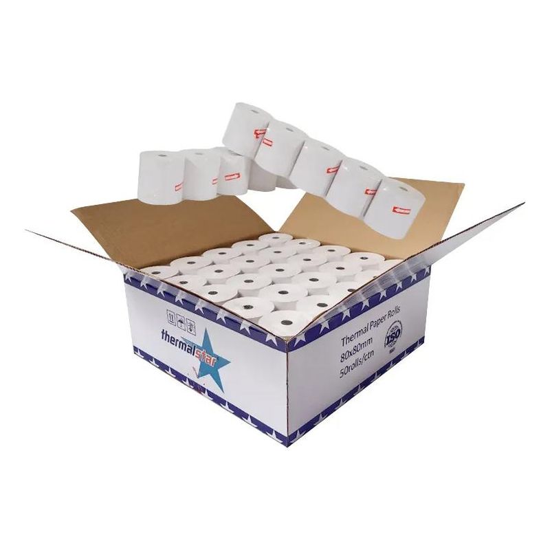 GENERICO - Caja de 50 Rollos de Papel Térmico 80mm x 80mts Color Blanco