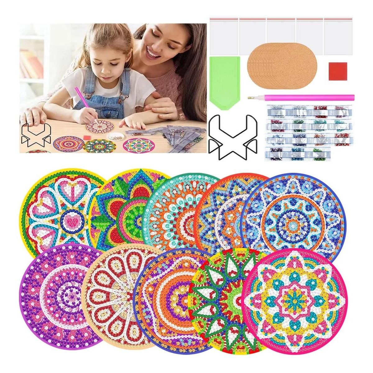 GENERICO - Kit de 12 Posavasos de Pintura Diamante Mandala 10cm.