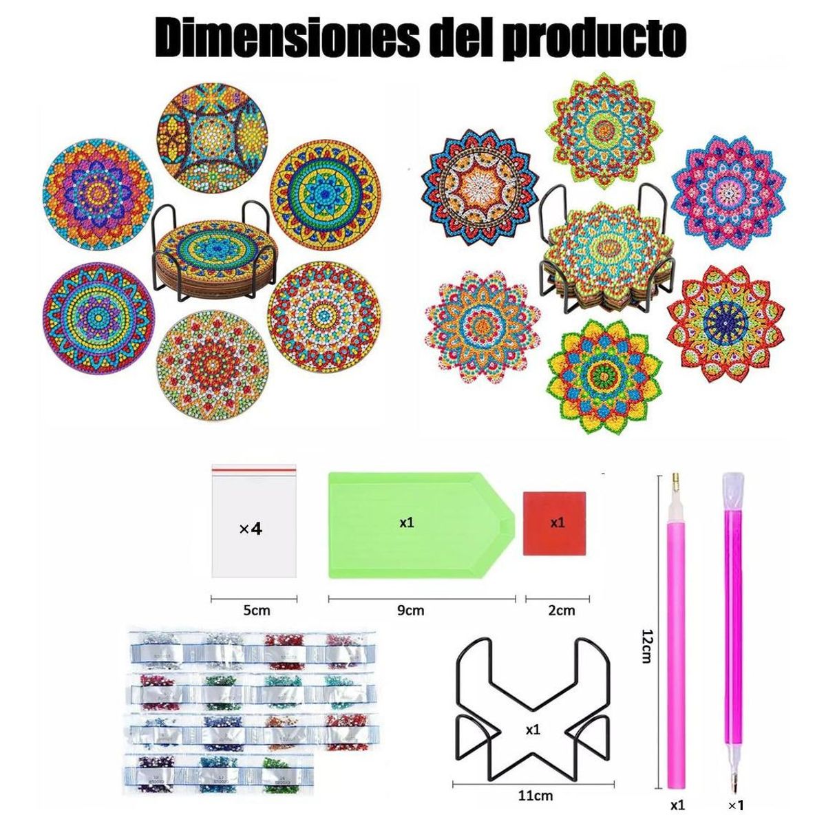 GENERICO - Kit de 12 Posavasos de Pintura Diamante Mandala 10cm.