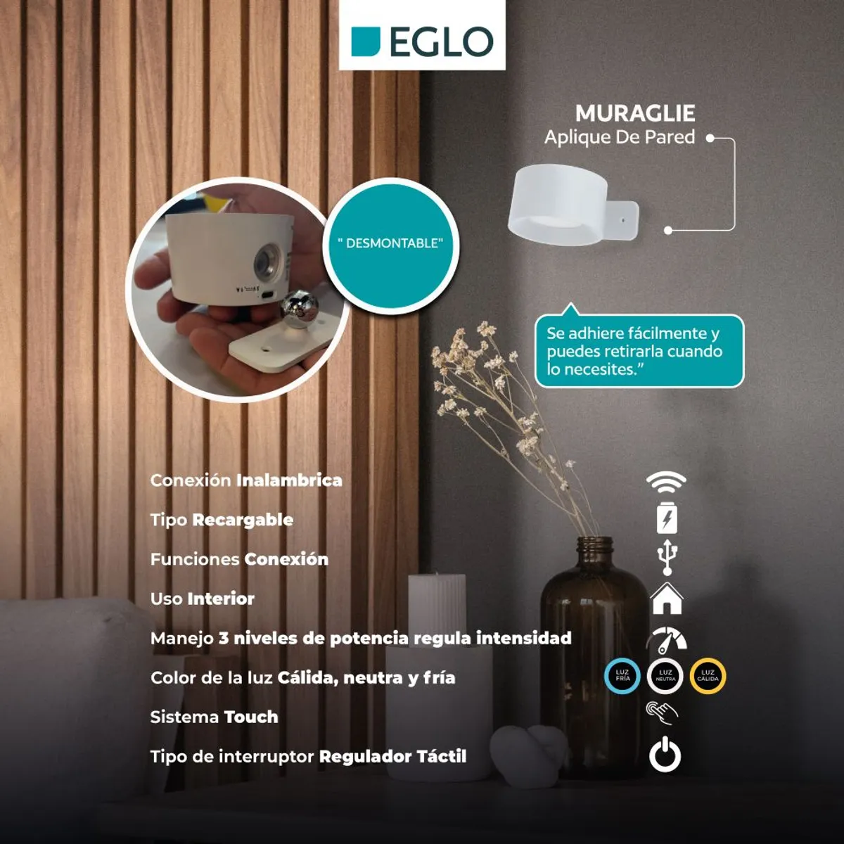 EGLO - Aplique Inalámbrico Recargable Usb Touch Regulador Muraglie Led 1X5W