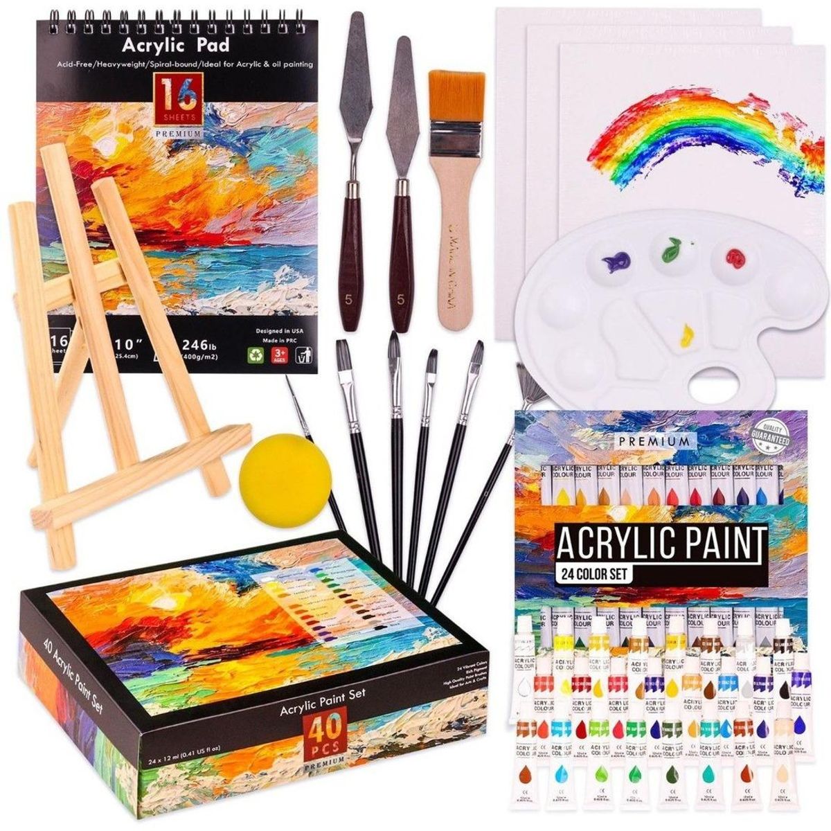 GENERICO - Kit Completo de Pintura Acrílica con Lienzos y Pinceles