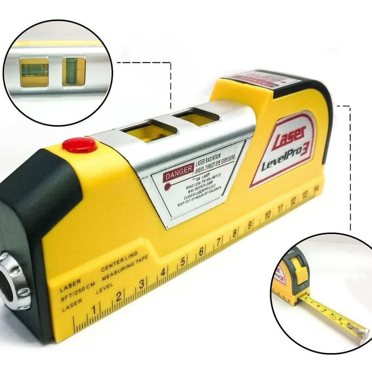 GENERICO - Nivel Láser con Cinta Métrica de 250 cm y Niveles de Burbuja