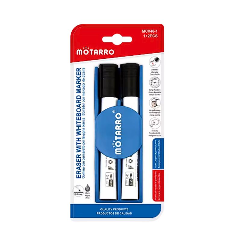 MOTARRO - Plumones Para Pizarra Set De 2 + Borrador Con Soporte