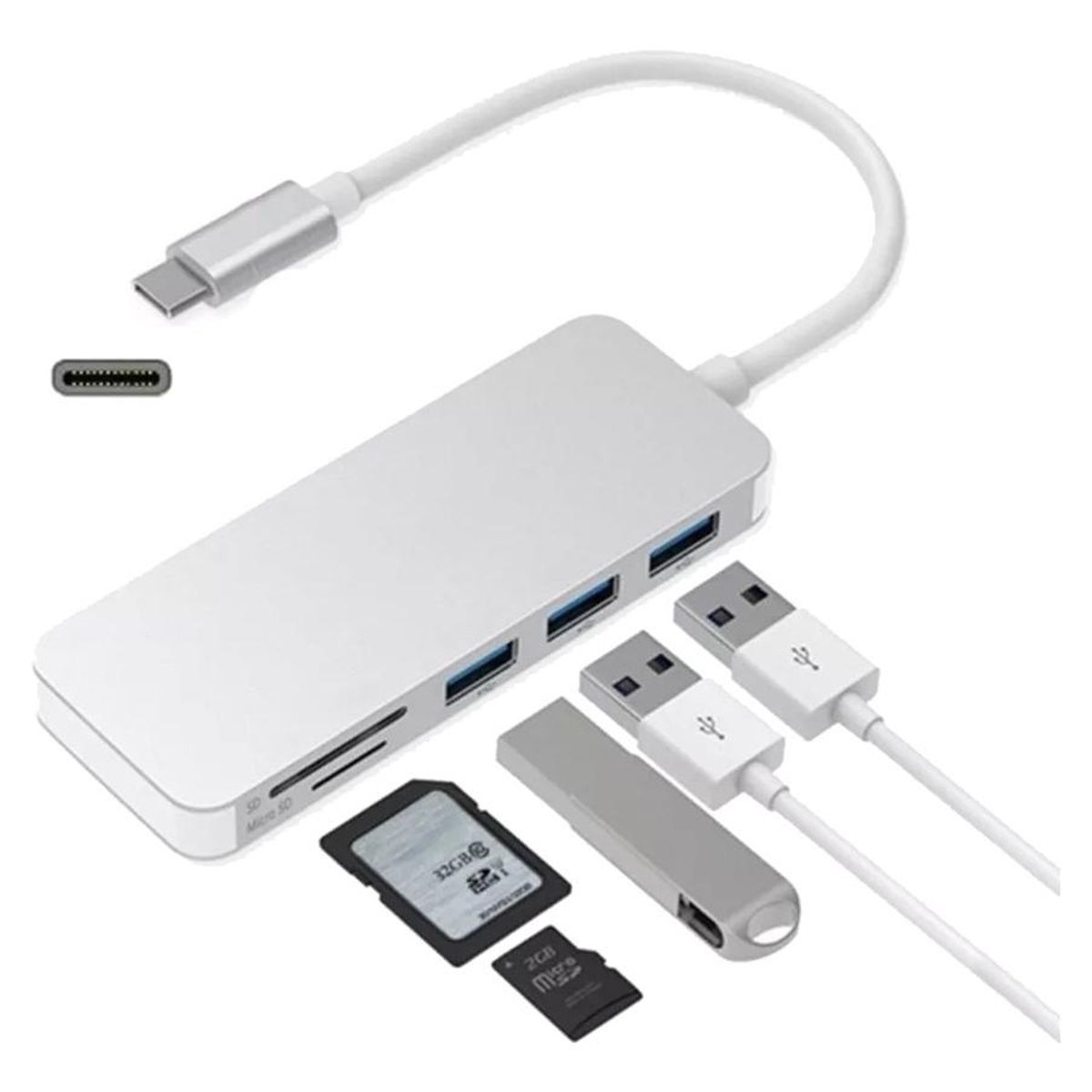 GENERICO - Adaptador 5 en 1 Type C con 3 puertos USB 30 y lector de tarjetas