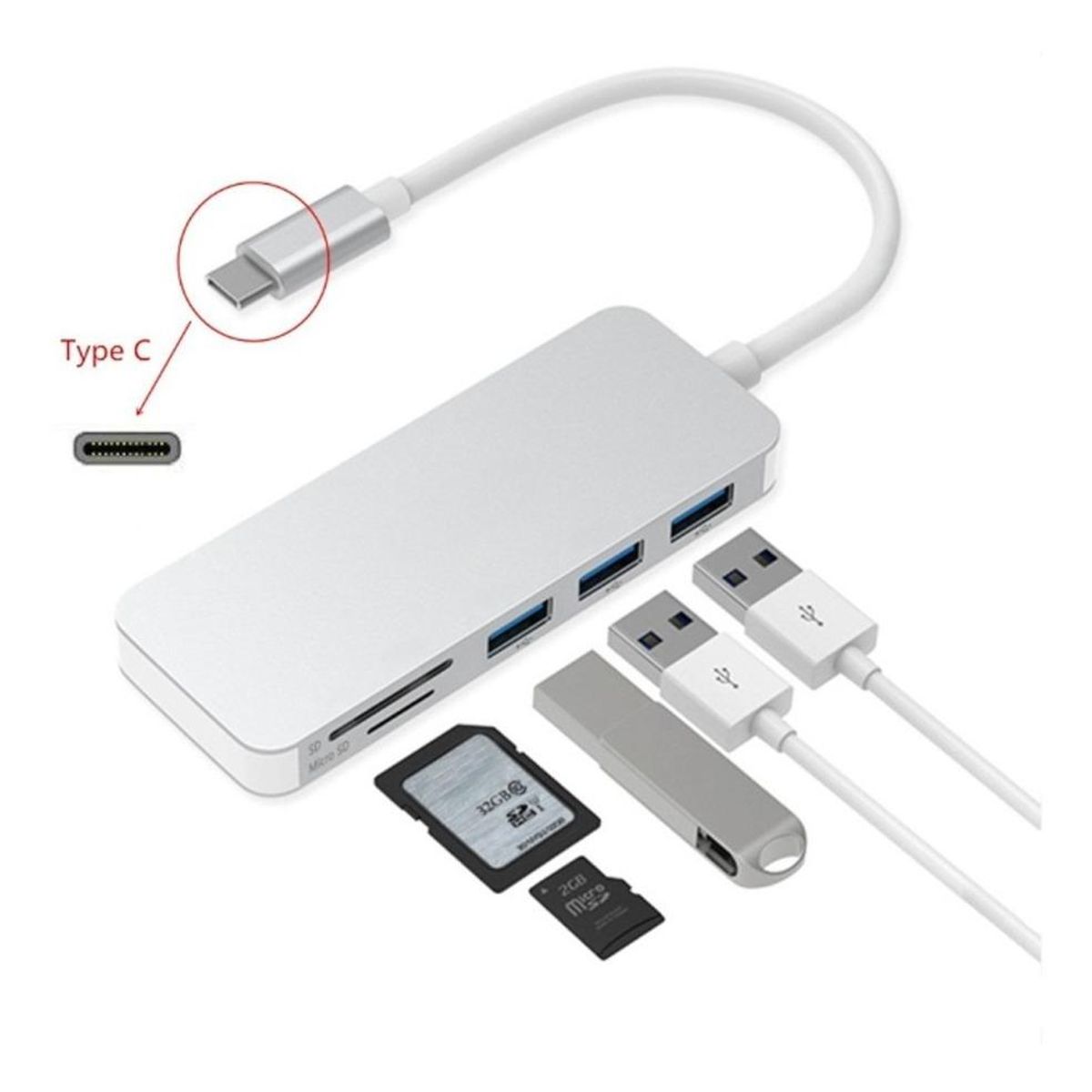 GENERICO - Adaptador 5 en 1 Type C con 3 puertos USB 30 y lector de tarjetas