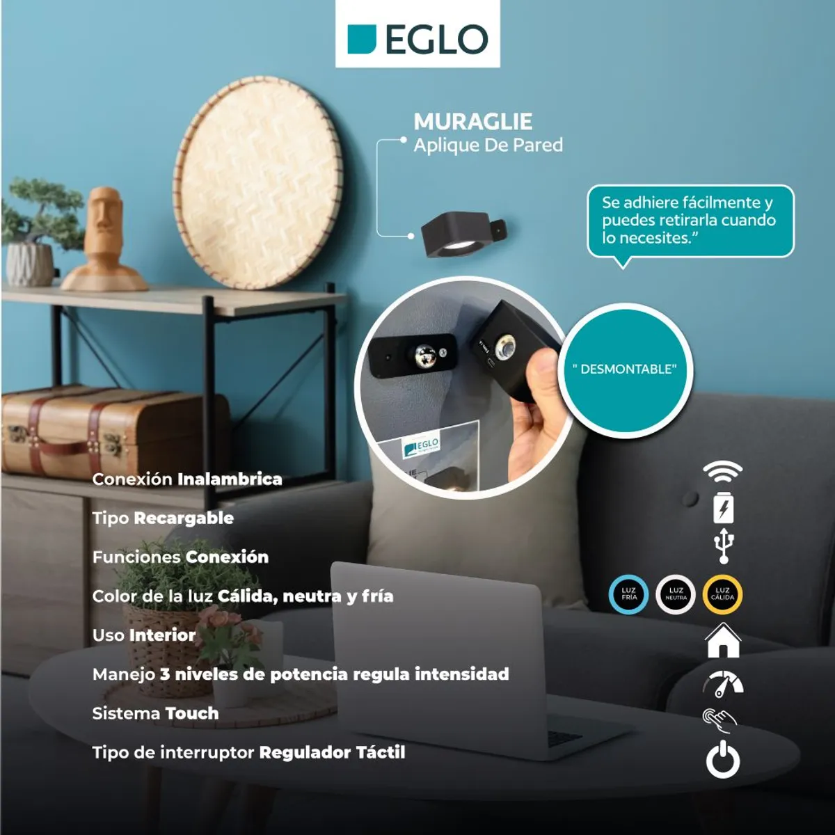 EGLO - Aplique Inalámbrico Recargable Usb Touch Regulador Muraglie Led 1X5W