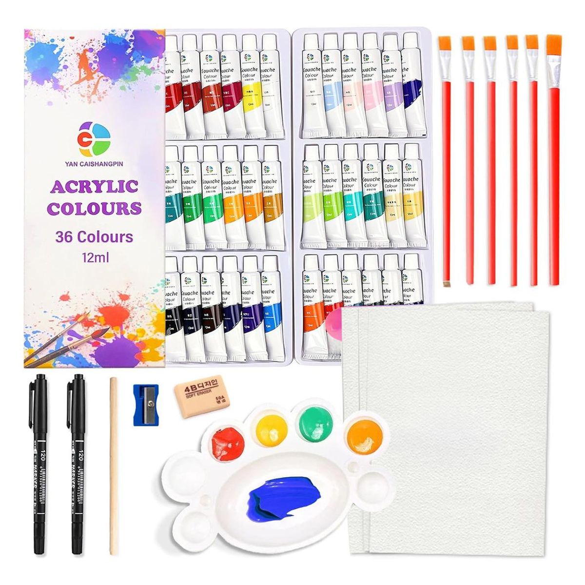 GENERICO - Kit de Pintura Acrílica 59 Pzs con Pinceles y Paleta