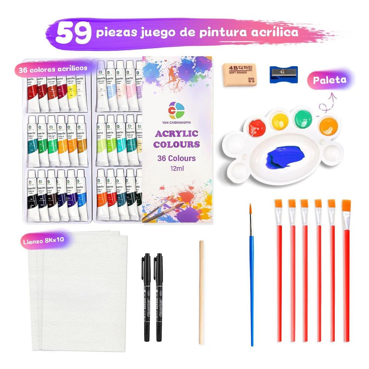 GENERICO - Kit de Pintura Acrílica 59 Pzs con Pinceles y Paleta
