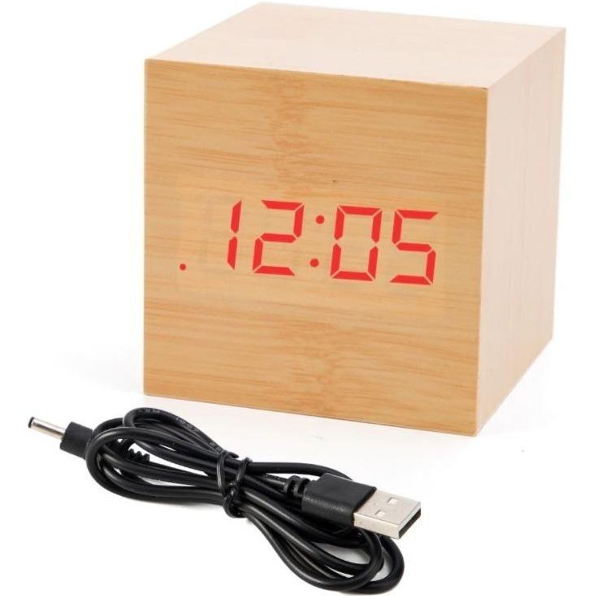 GENERICO - Reloj Despertador Digital Cubo de Madera con Luz LED
