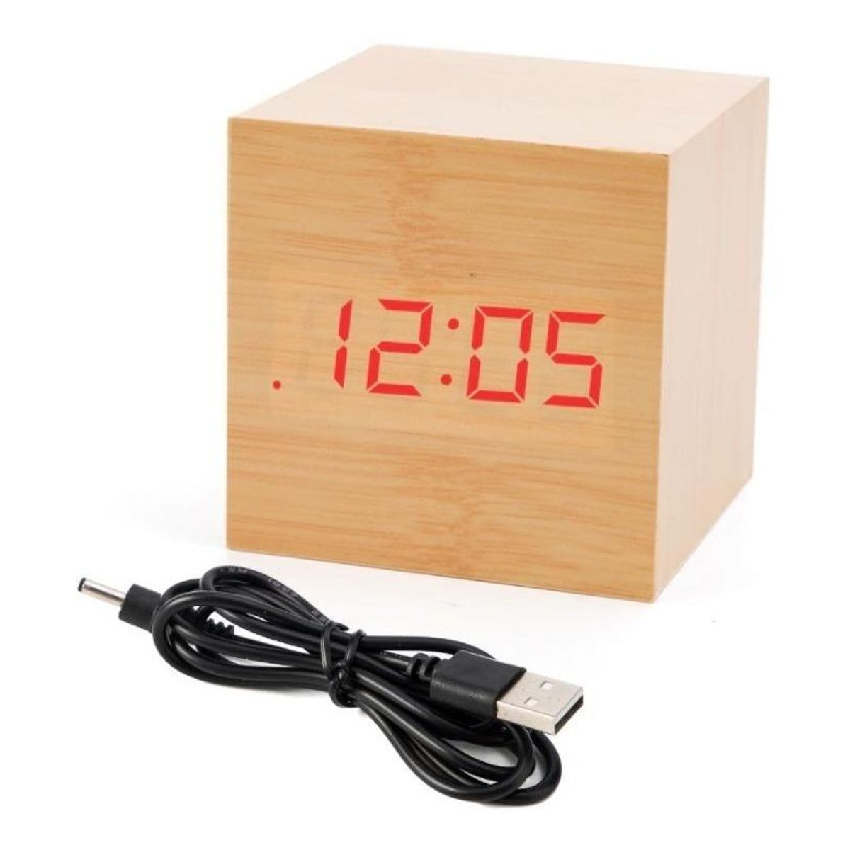 GENERICO - Reloj Despertador Digital Cubo de Madera con Luz LED