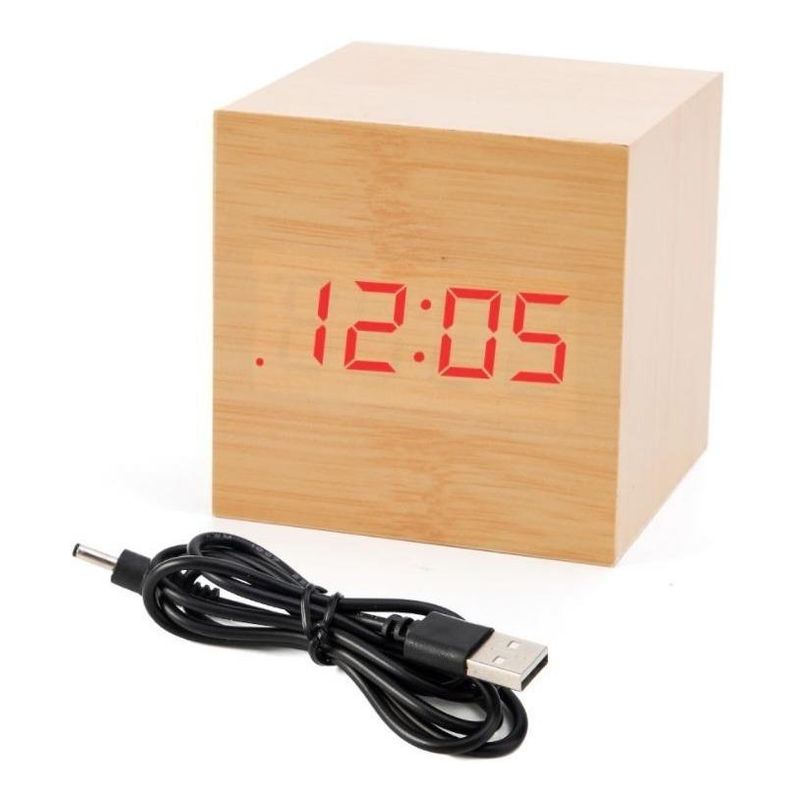 GENERICO - Reloj Despertador Digital Cubo de Madera con Luz LED