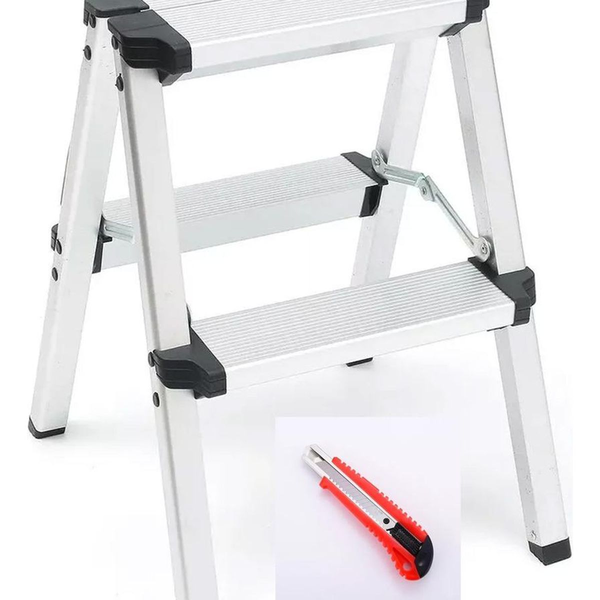 GENERICO - Escalera Plegable de Aluminio con Corta Cartón de 2 Peldaños