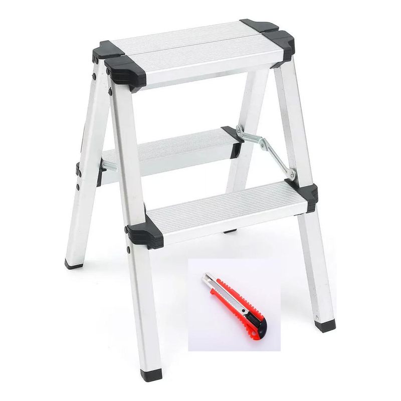 GENERICO - Escalera Plegable de Aluminio con Corta Cartón de 2 Peldaños
