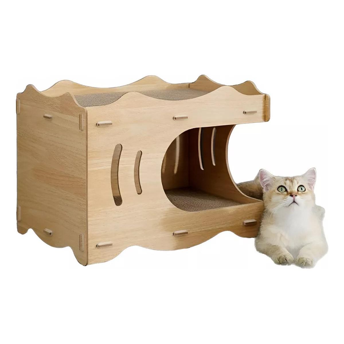 GENERICO - Cama Casa de Madera para Gatos con Rascador Integrado