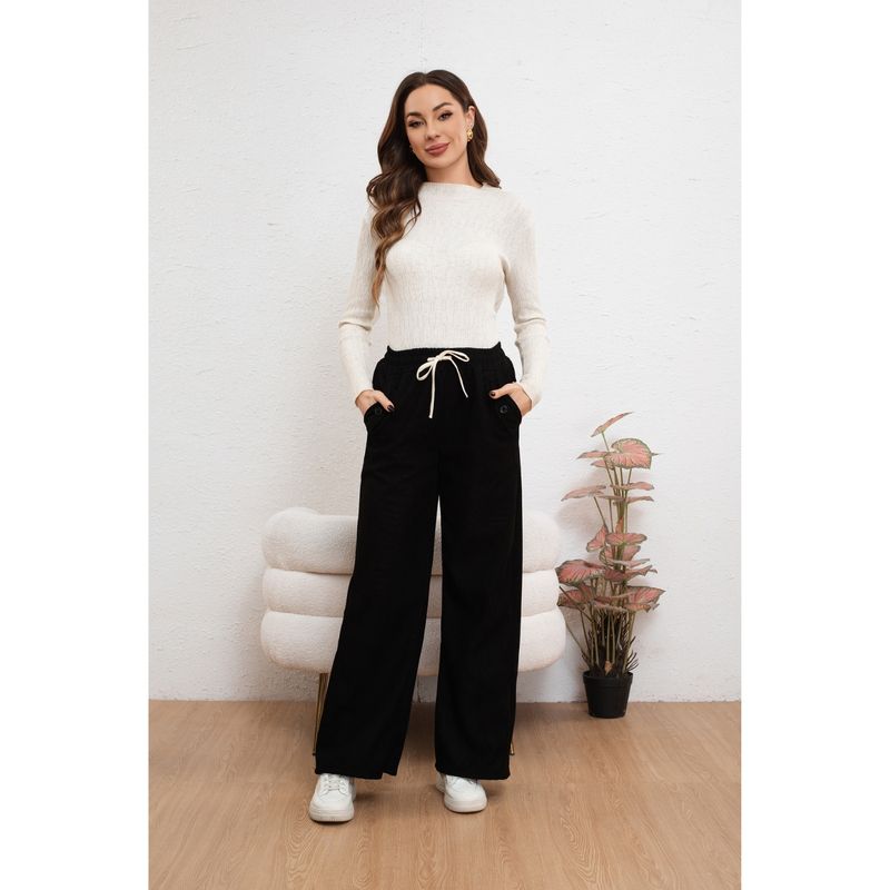 MPROPIA - Pantalón Mujer Bolsillo Botones Pierna Ancha Wide Leg Cotele 7130