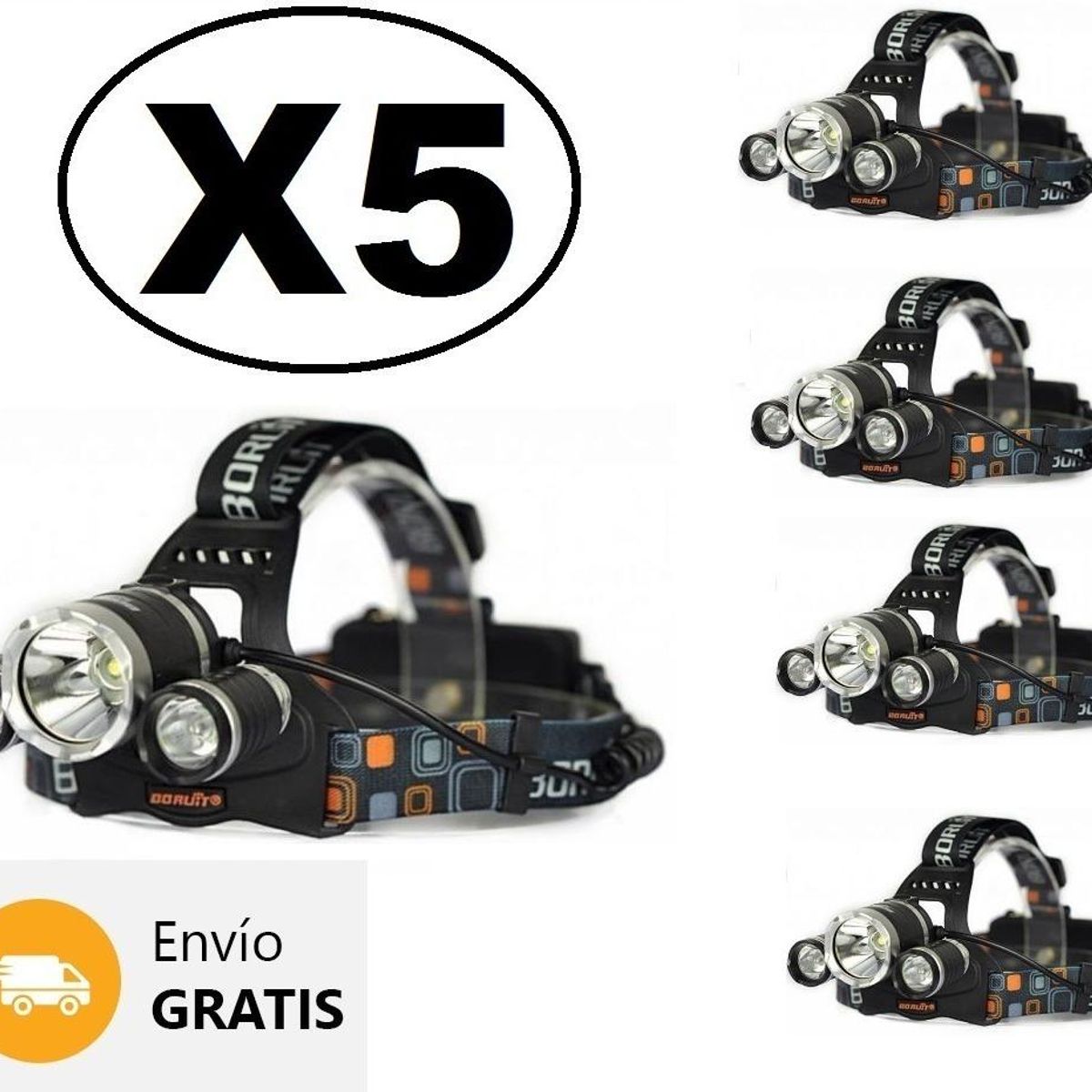 GENERICO - Pack de 5 Linternas Frontales LED T6 3000 Lúmenes
