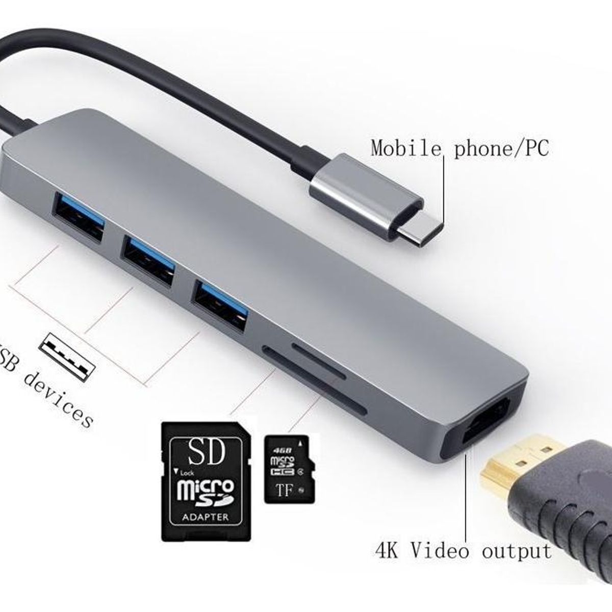 GENERICO - Adaptador USB Hub HDMI Tipo C 6 en 1 con 3 Puertos USB 30
