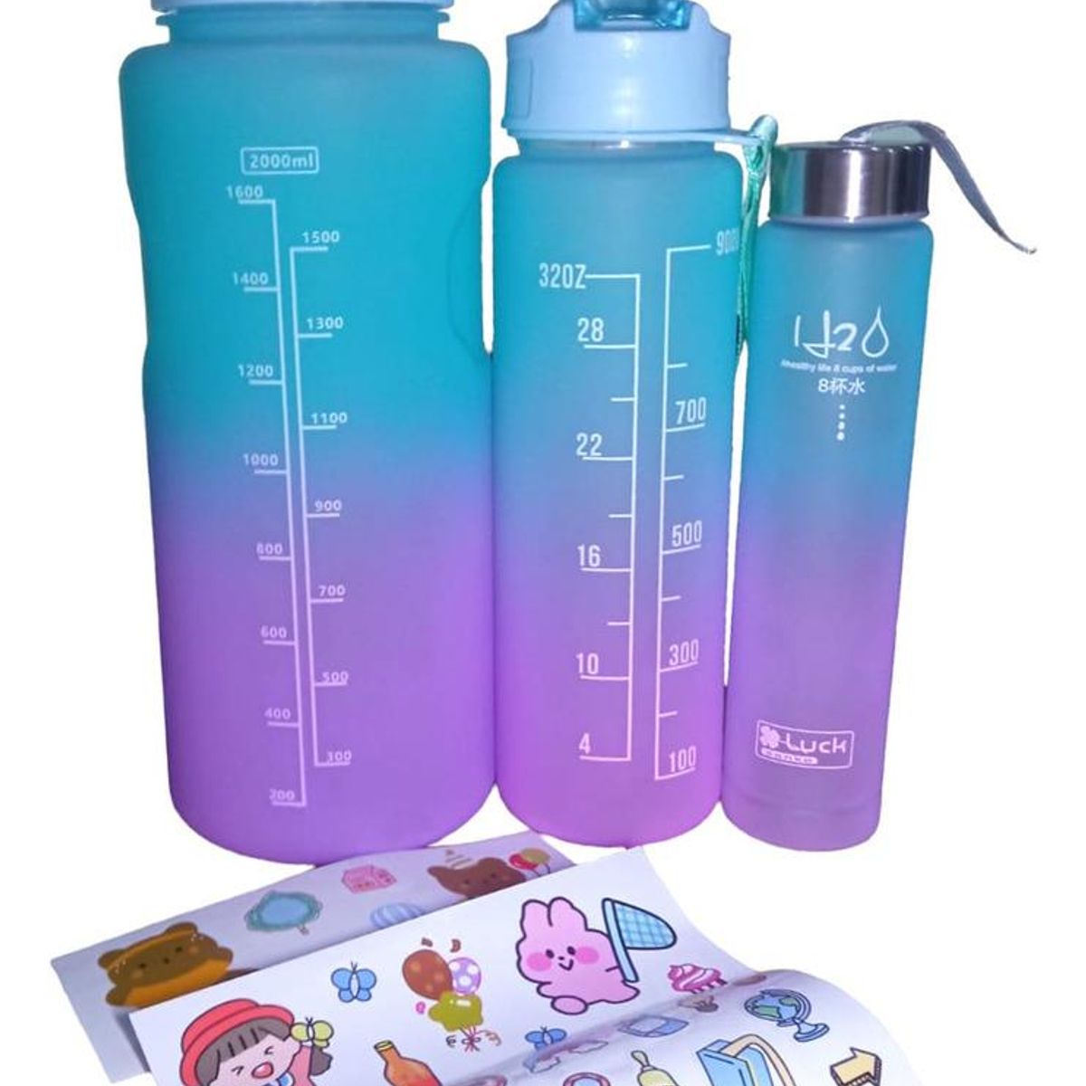 GENERICO - Set de Botellas de Agua de 3 tamaños con Stickers