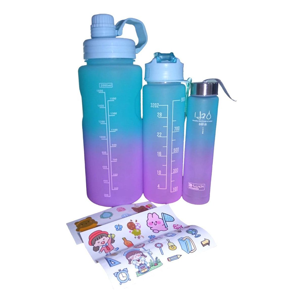 GENERICO - Set de Botellas de Agua de 3 tamaños con Stickers