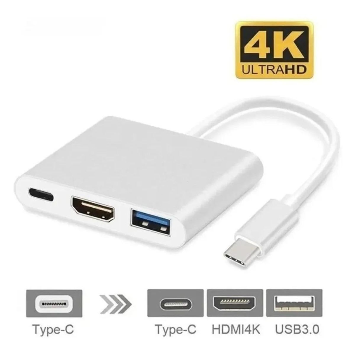 GENERICO - Adaptador Hub 3 en 1 USB Tipo C a HDMI y USB 30 4K