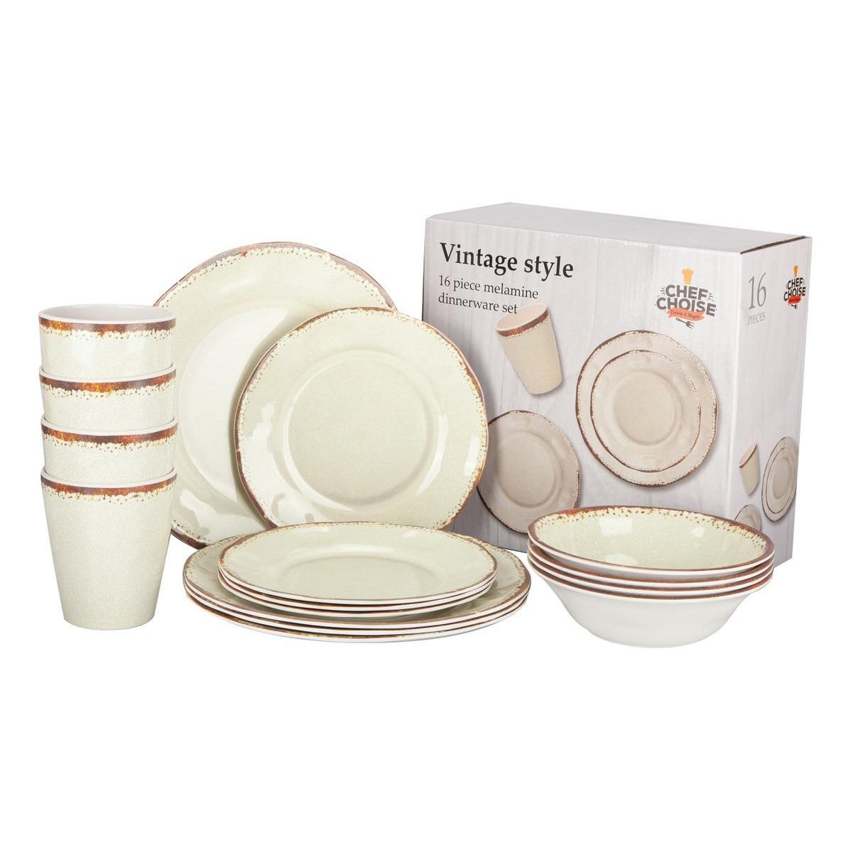 GENERICO - Juego de Vajilla Completo de 16 Piezas en Melamina Blanca Crema