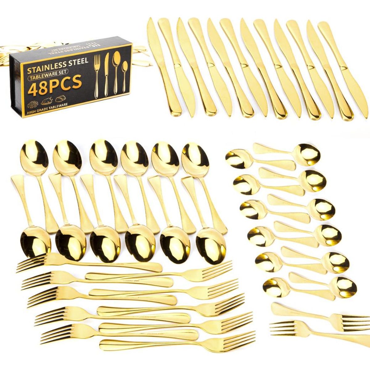 GENERICO - Juego de Cubiertos Dorados 48 Piezas en Caja Regalable