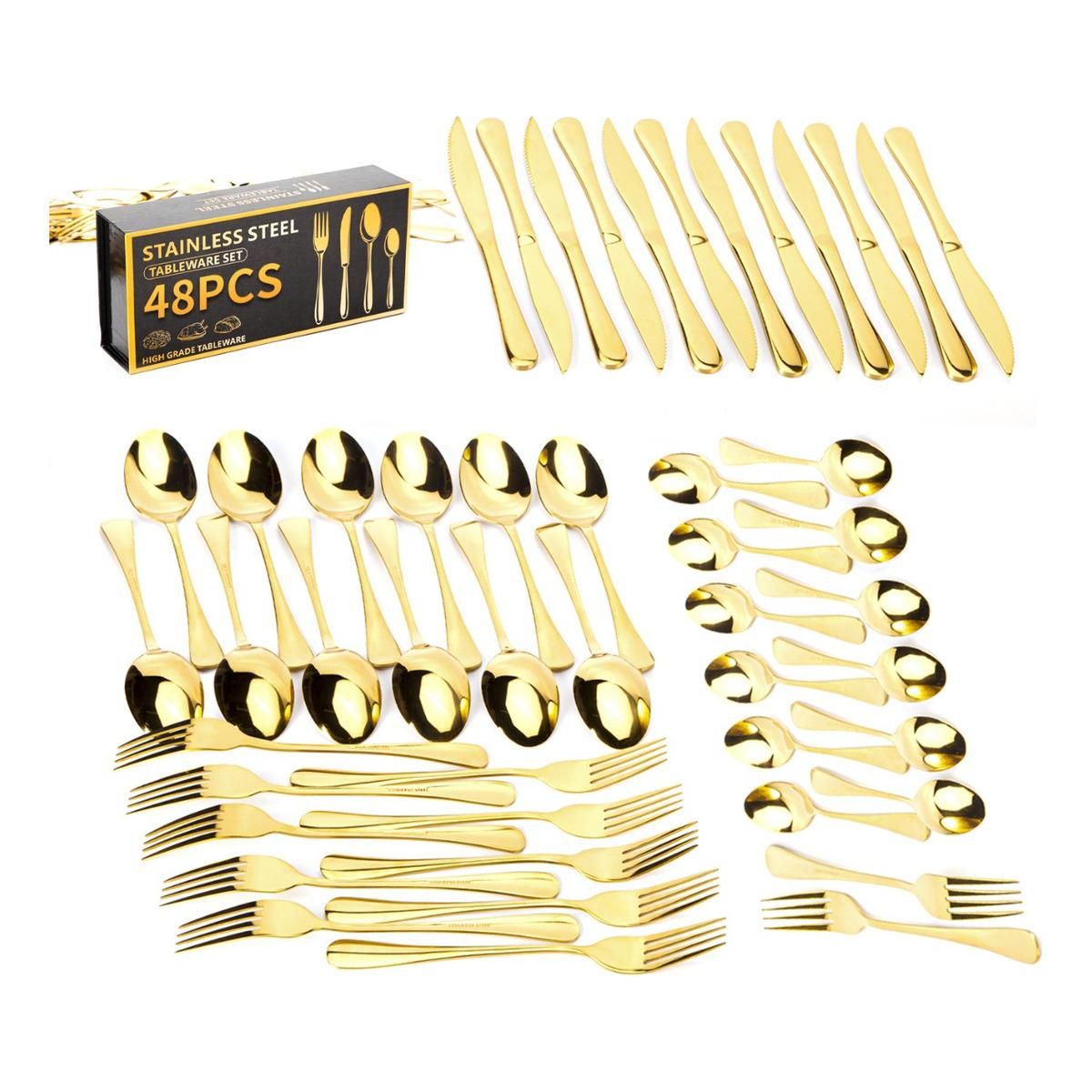 GENERICO - Juego de Cubiertos Dorados 48 Piezas en Caja Regalable