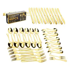 GENERICO - Juego de Cubiertos Dorados 48 Piezas en Caja Regalable