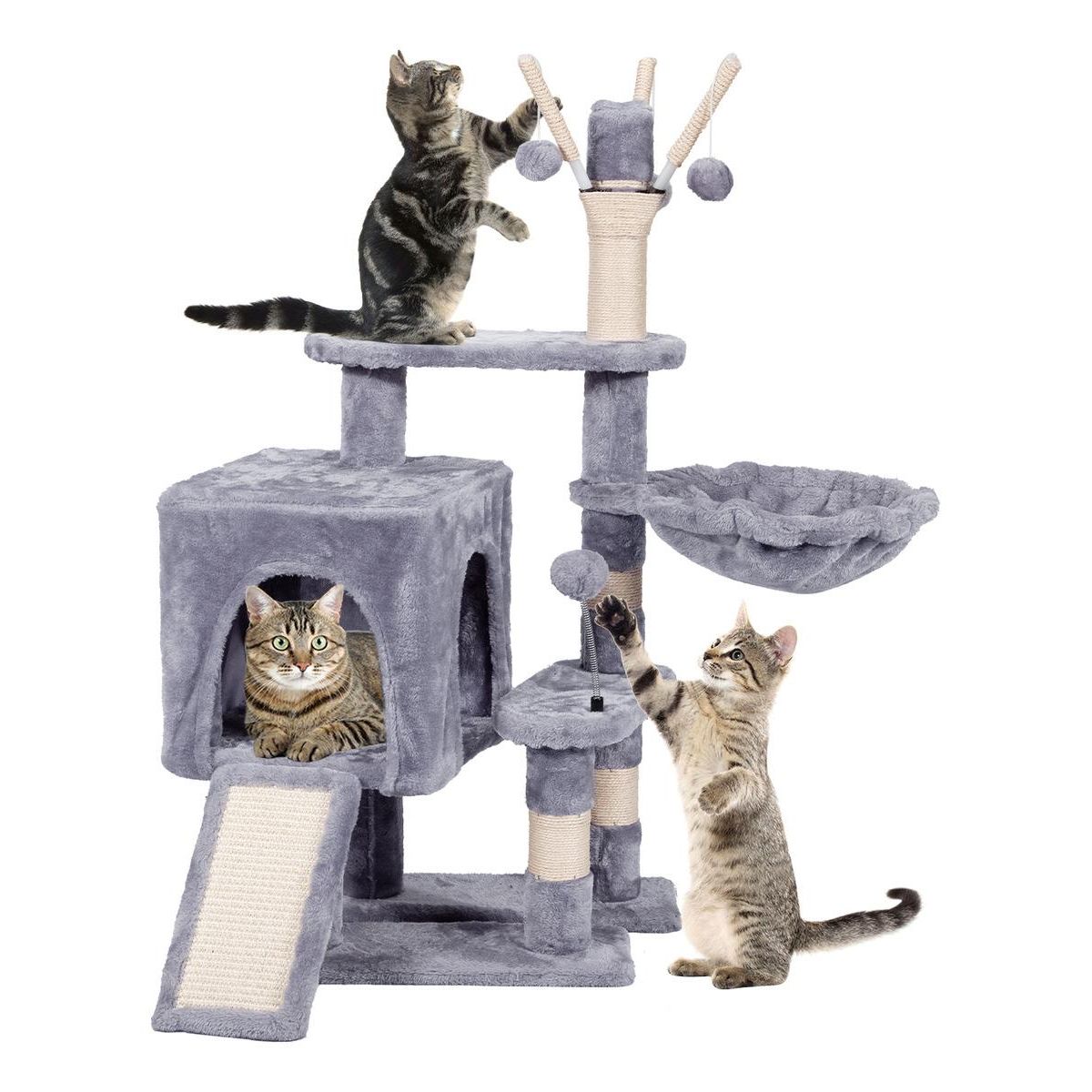 GENERICO - Torre Rascador para Gatos con Hamaca y Pompones 98cm