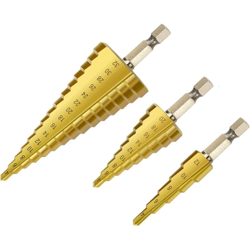 GENERICO - Set de 3 Brocas Cónicas de HSS Acero Rápido Titanio para Metal