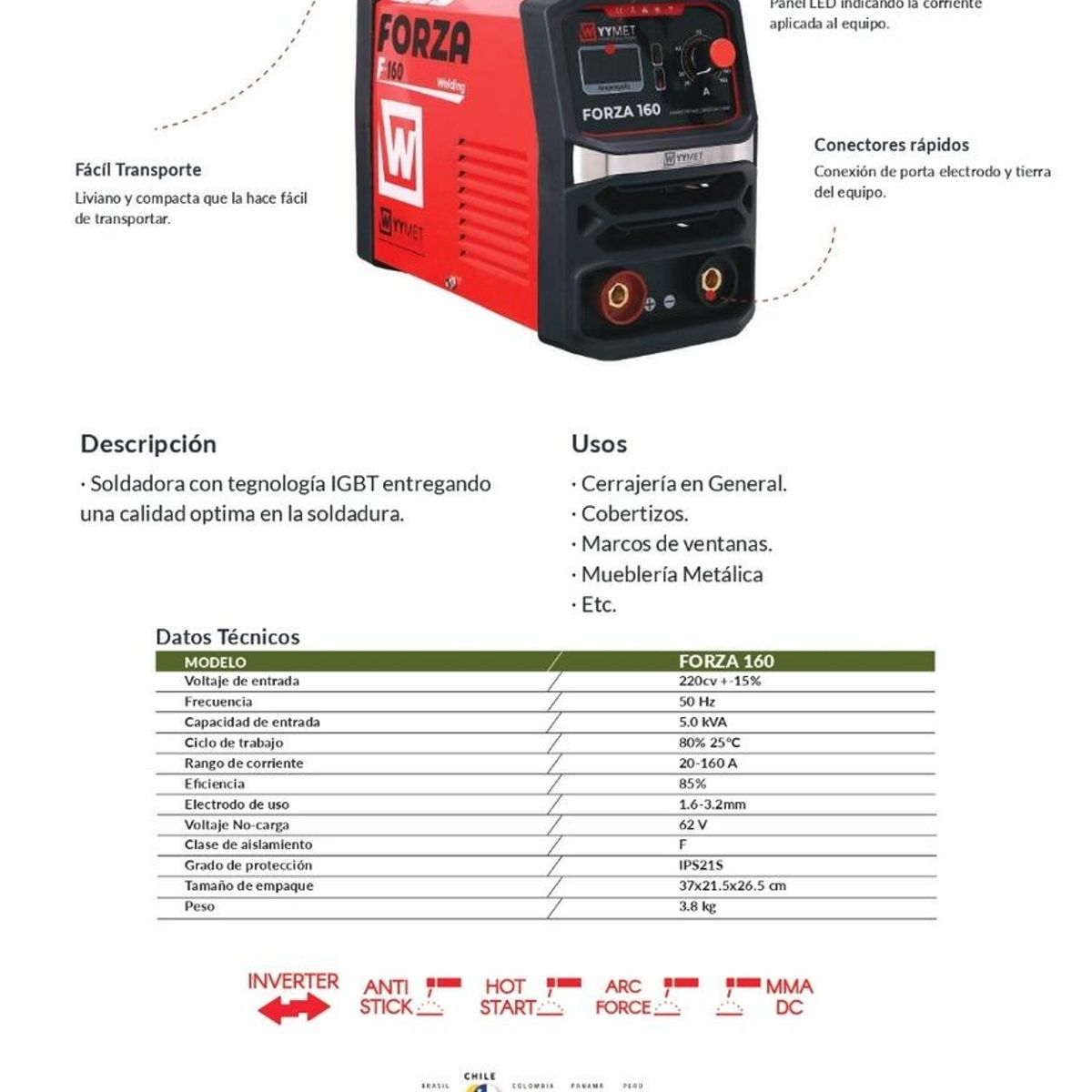 GENERICO - Soldadora Multiproceso Inverter de 160 Amp con Panel Digital