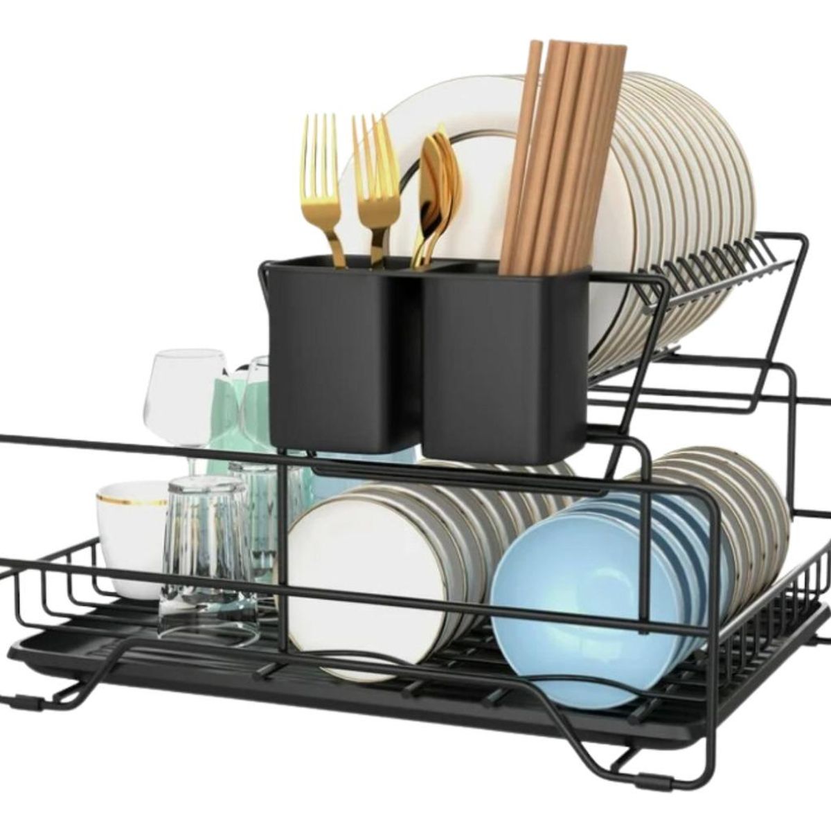 GENERICO - Secaplatos de 2 Niveles con Bandeja Removible en Color Negro