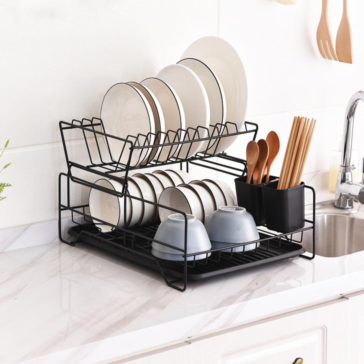 GENERICO - Secaplatos de 2 Niveles con Bandeja Removible en Color Negro