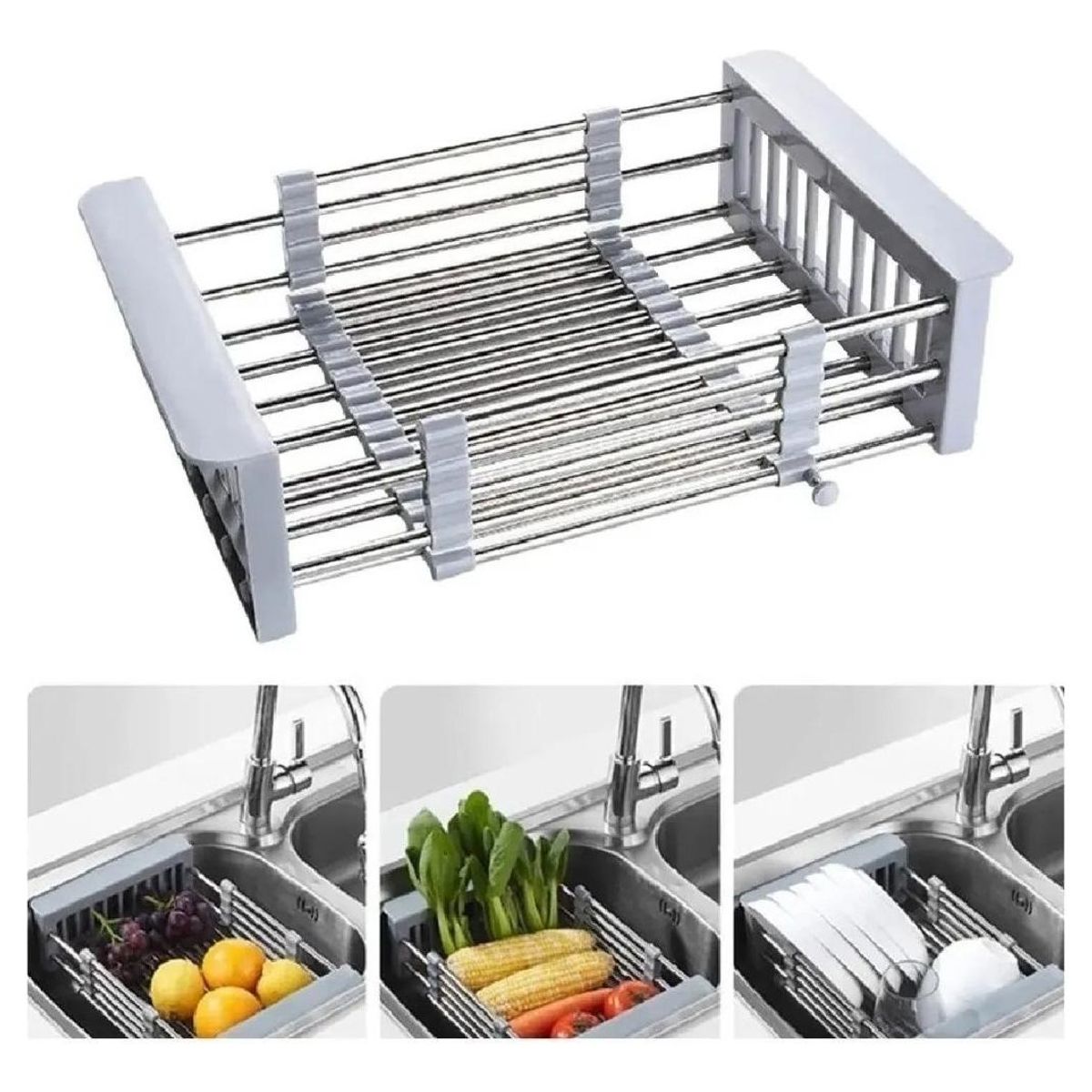 GENERICO - Cesta Escurridora Extensible de Acero Inoxidable para Lavaplatos