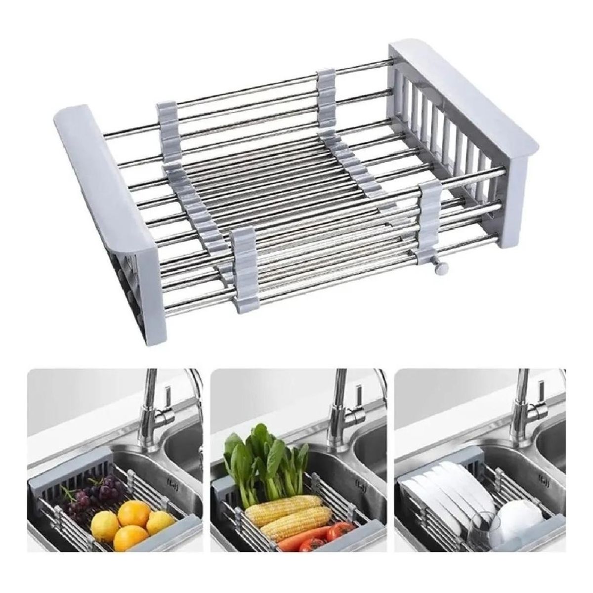 GENERICO - Cesta Escurridora Extensible de Acero Inoxidable para Lavaplatos