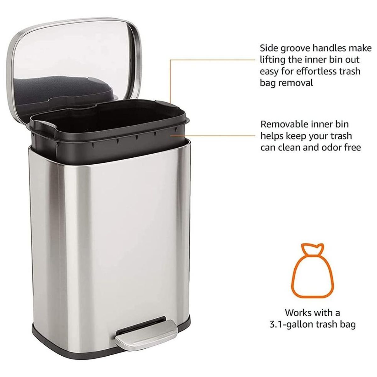 GENERICO - Basurero de Acero Inoxidable de Pedal con Cierre Suave 15 L