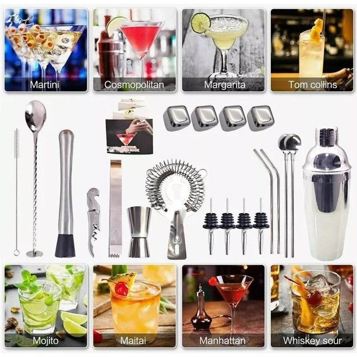 GENERICO - Juego de Cocteles Profesional 23 Piezas con Coctelera de 750ml